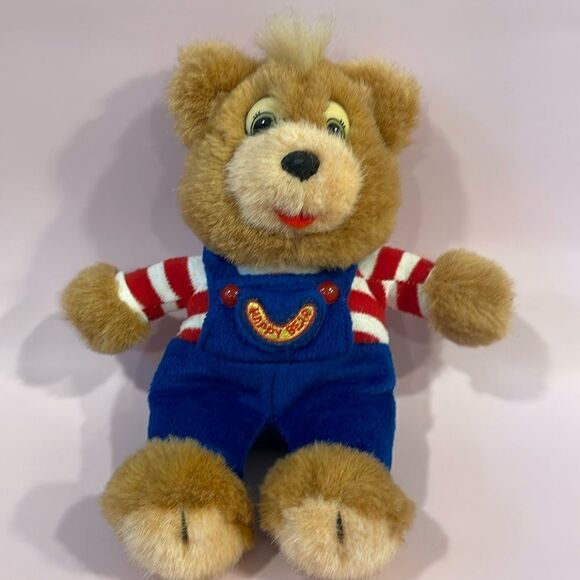 1989 GUND Happy Bear Stuffed Animal Teddy Plush Blue Overalls 9" Vintage EUC - Picture 1 of 10